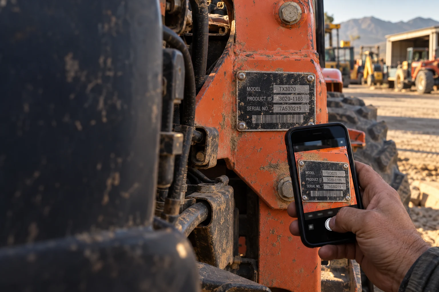 Illustration of a worker photographing a tractor identification plate with a phone