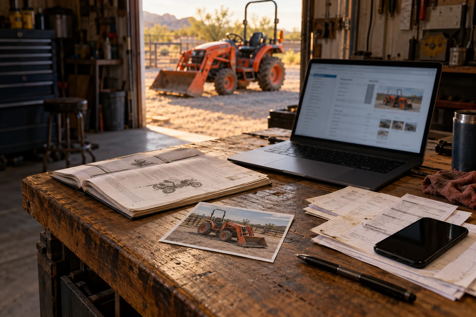 Illustration of equipment paperwork, a tractor photo, phone and laptop on a workshop desk